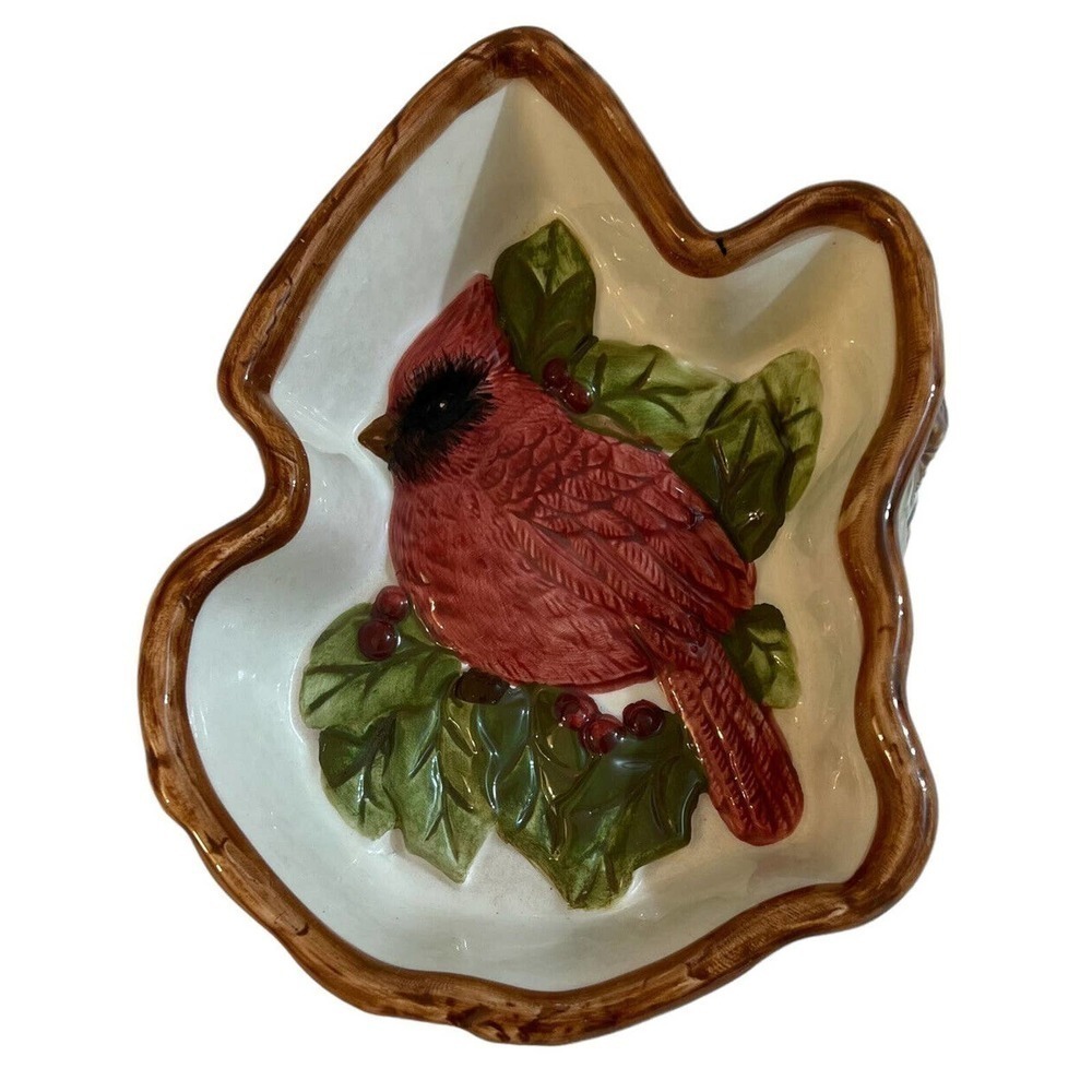 Sonoma Home Goods Cardinal Ceramic Candy Dish Red Bird Birch Bark Holiday Bowl